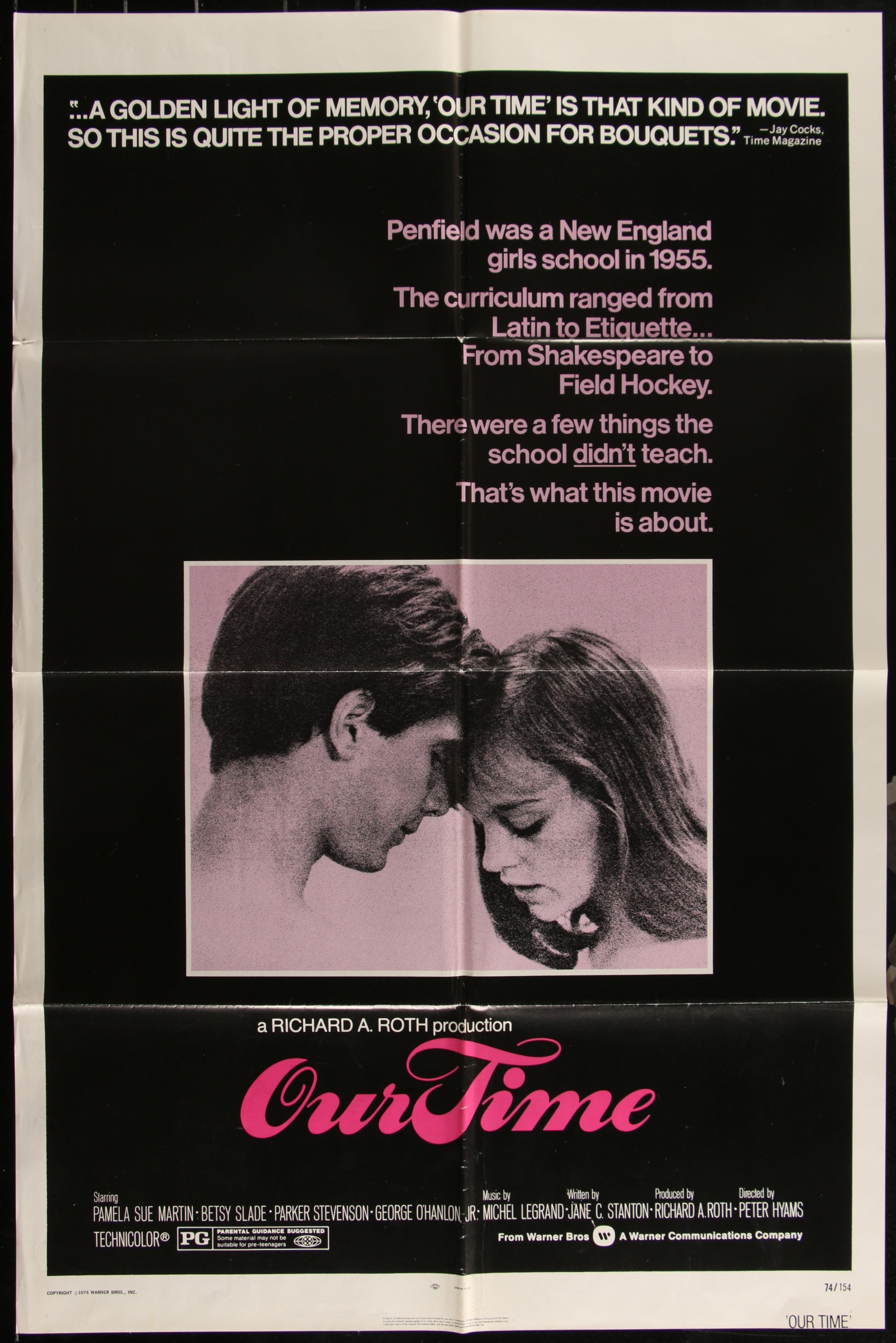 A black and white movie poster for 'Our Time' featuring two characters with a pink and white text overlay.
