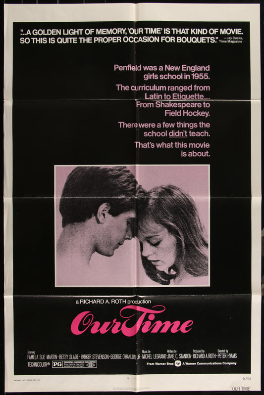 A black and white movie poster for 'Our Time' featuring two characters with a pink and white text overlay.