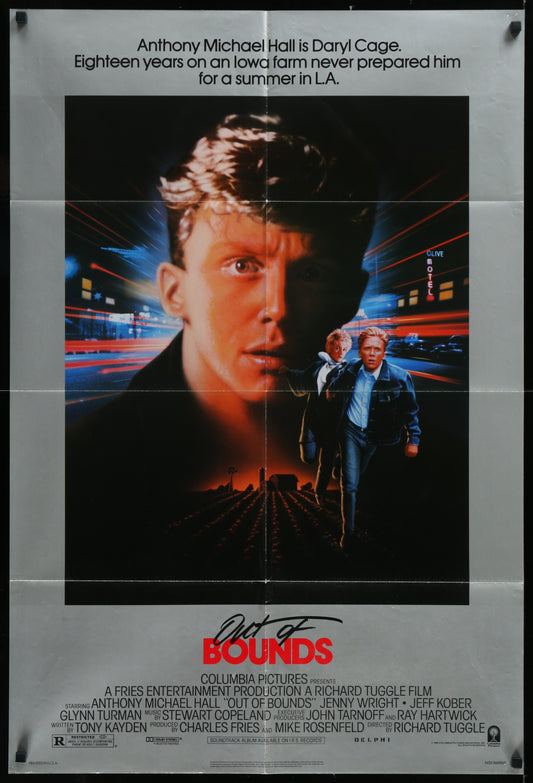 A vintage movie poster for the film 'Out of Bounds (1986)' featuring a male character prominently in the foreground with a cityscape background, indicative of the action and thriller genre.