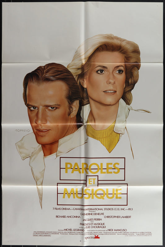 Original French language one sheet movie poster for 'Paroles Et Musique' featuring images of Catherine Deneuve and Christopher Lambert with a yellow background.