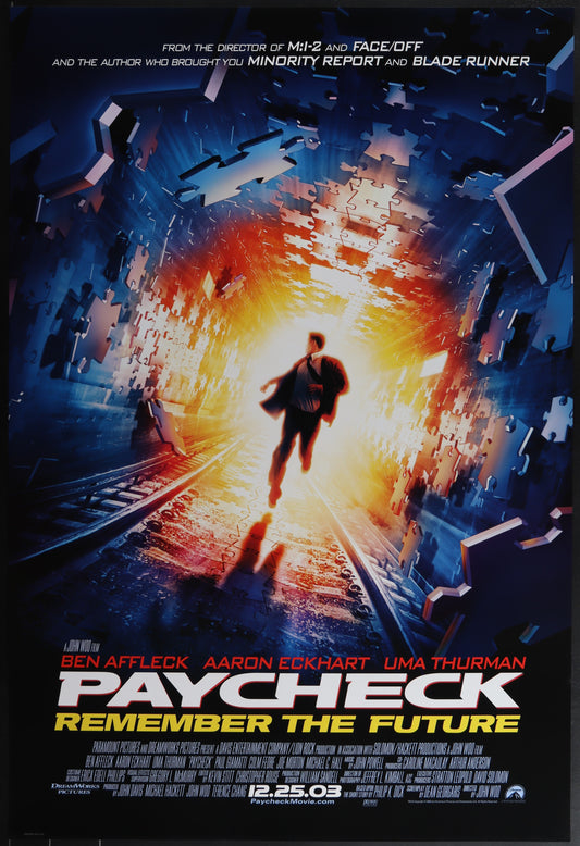 An original Paycheck (2003) movie poster featuring a man in a suit running with a background of a cityscape at night with a futuristic and action-oriented vibe.