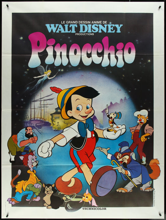 Vintage style movie poster for 'Pinocchio' featuring animated characters Pinocchio and Geppetto with a background of a moonlit scene on the poster.