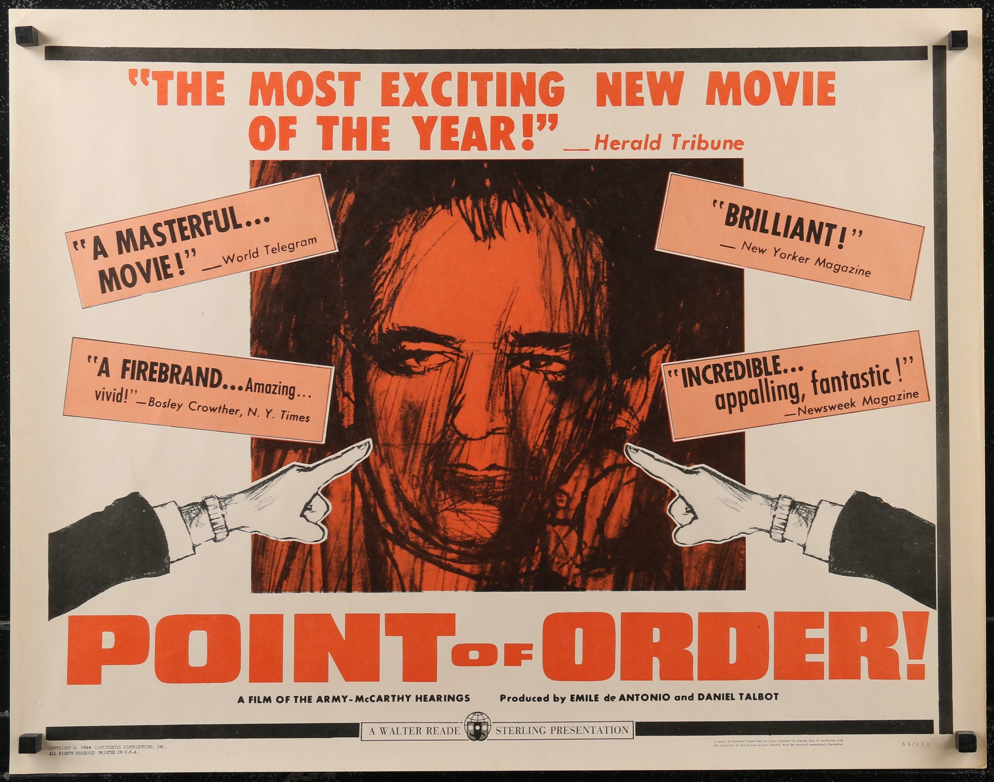 Original US half sheet movie poster for the 1964 Emile De Antonio documentary 'Point Of Order' featuring a red and black design with text and a portrait of a man.