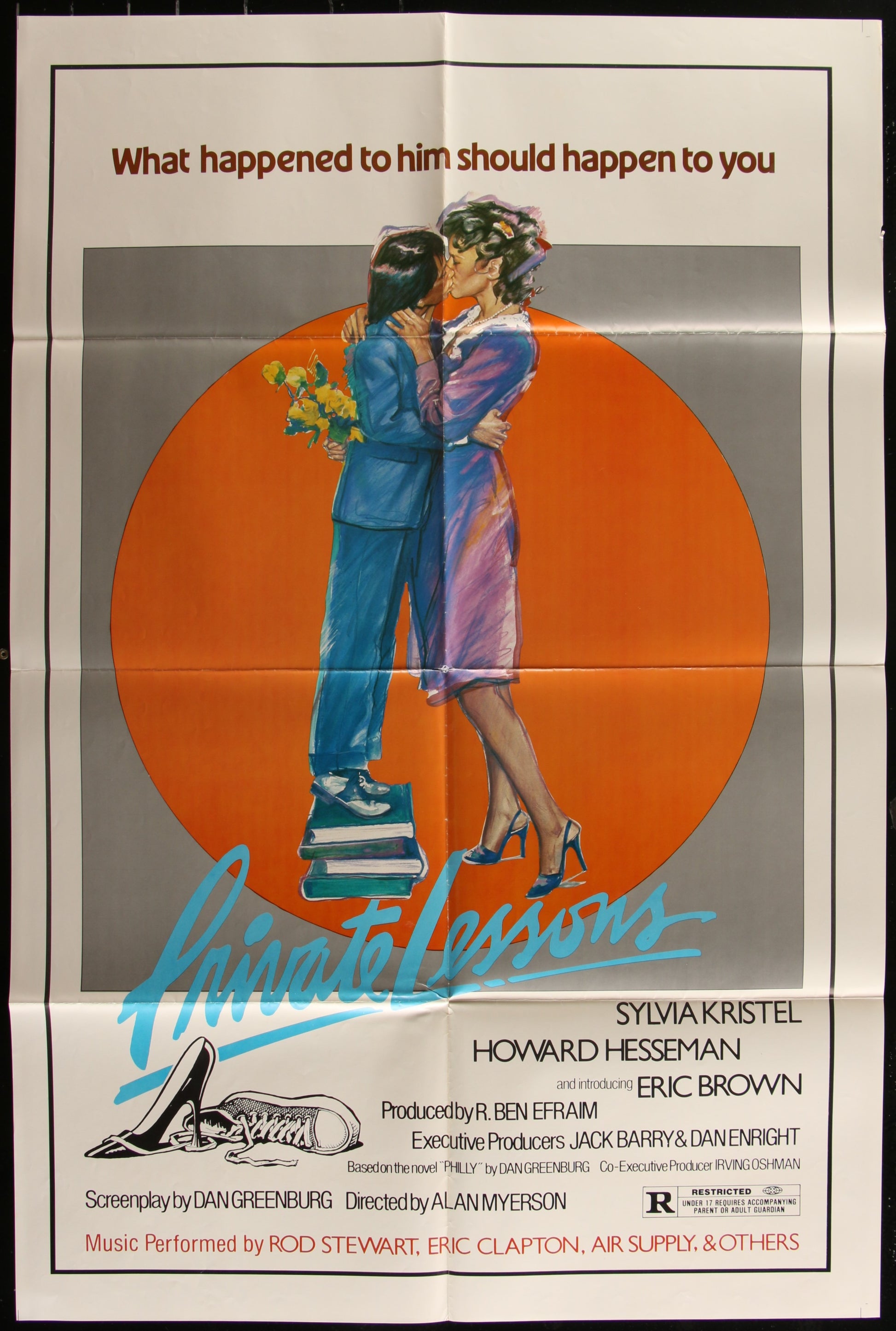 Vintage style movie poster for 'Private Lessons' featuring a man and a woman in close-up, set against an orange and yellow background with text and credit details.