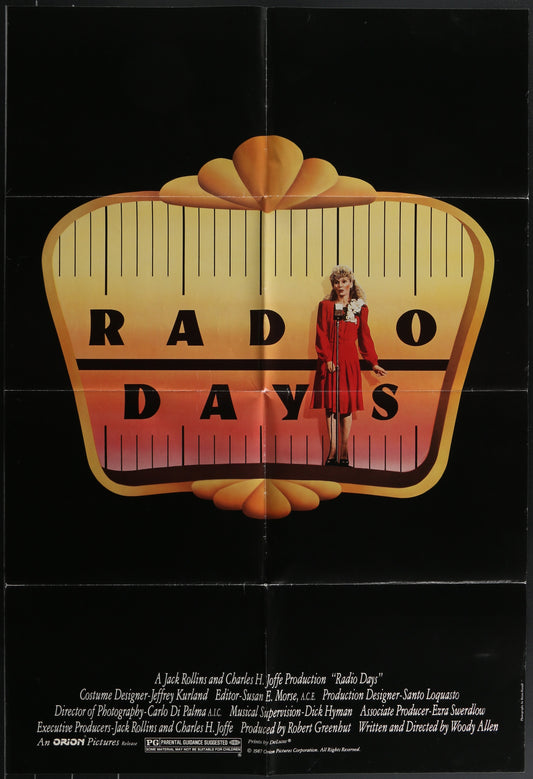 Movie poster for 'Radio Days' with a woman in a red dress standing behind a radio dial graphic.