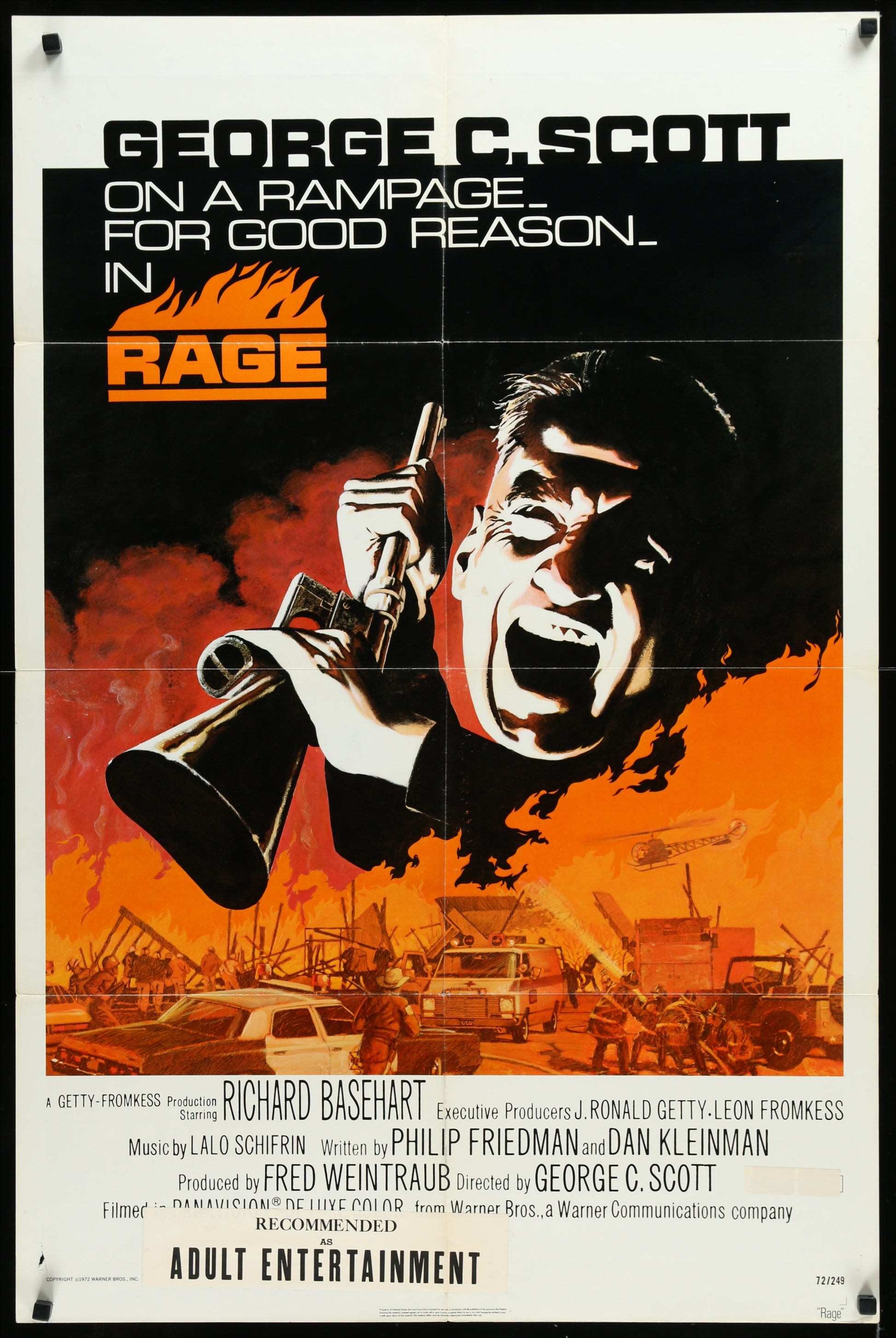Original US one-sheet movie poster for the film 'Rage' featuring George C. Scott with artwork by George Akimoto, showing signs of wear and damage.