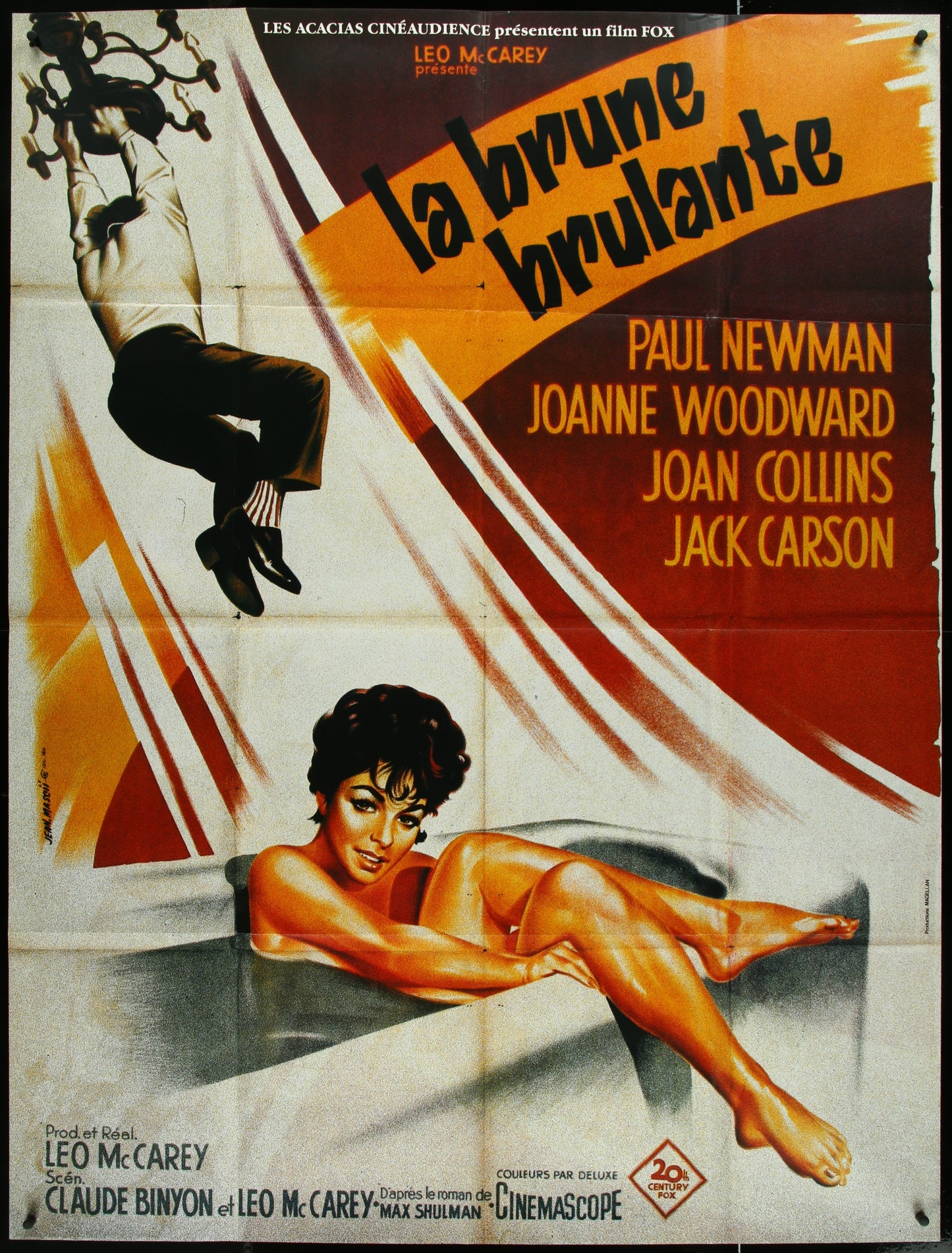 Vintage style movie poster featuring a male figure jumping over a couch, with a background of orange and yellow tones. The poster has text indicating the film title, 'La Brute,' and features the names of the main actors, Paul Newman and Joanne Woodward, along with the director's name, Leo McCarey.