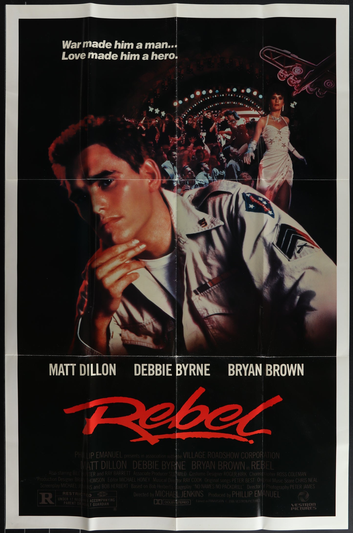 Vintage movie poster for 'Rebel' featuring a man in a military uniform with the text 'Matt Dillon' and the title 'REBEL' prominently displayed.