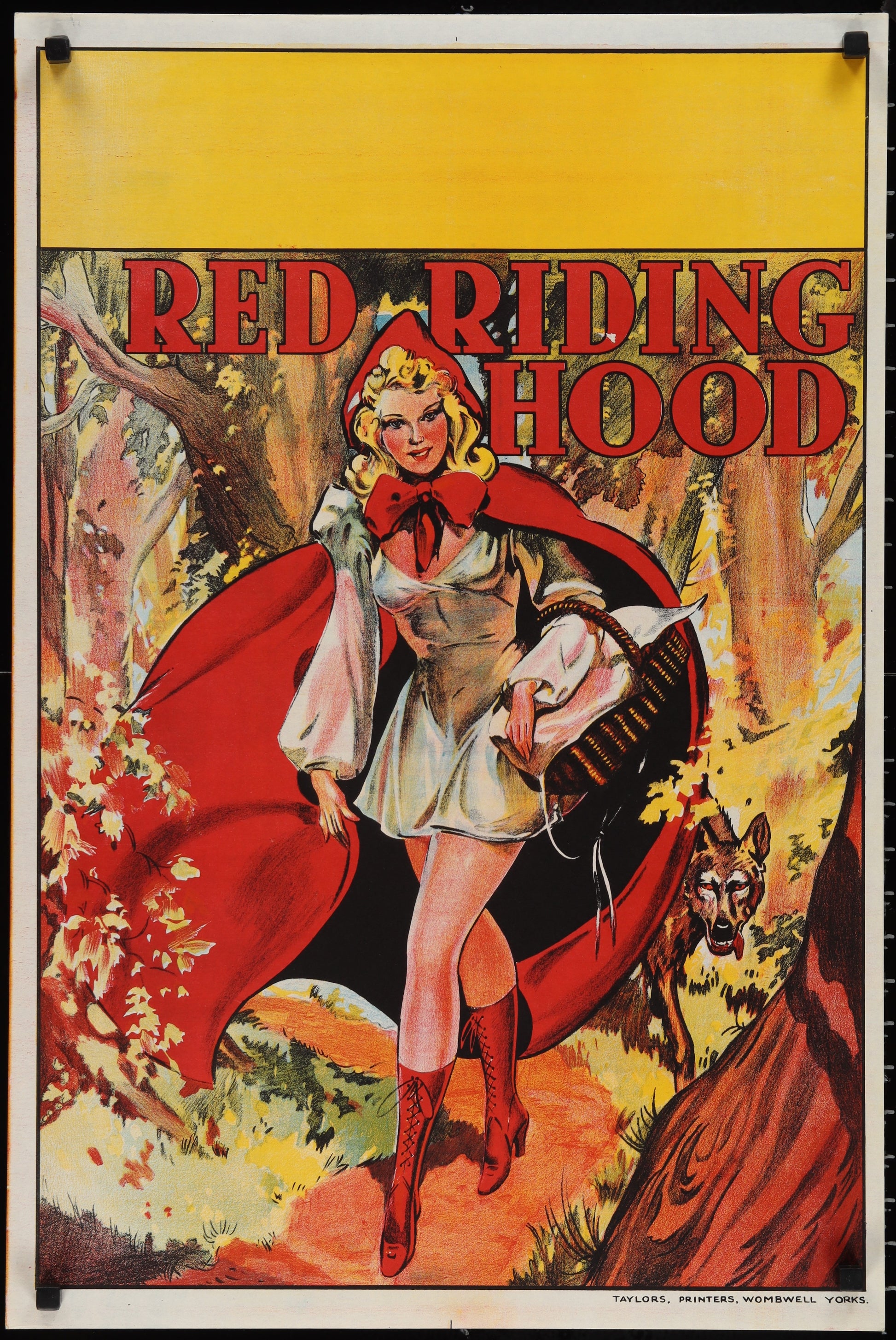 Vintage-style poster of a character in a red cloak with a wolf in the background, titled 'Red Riding Hood'.