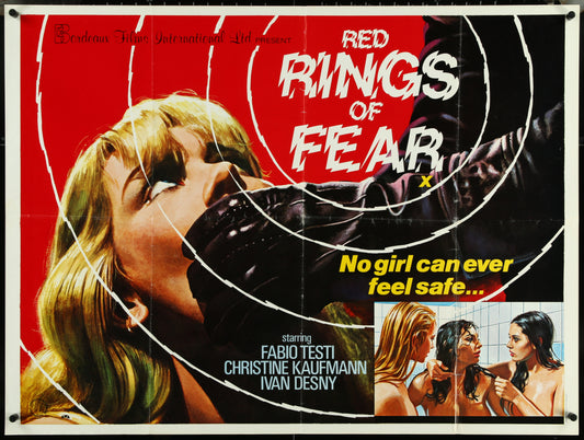 Vintage movie poster for 'Red Rings Of Fear' featuring a woman in distress, with text and credits including the title and names of the actors.