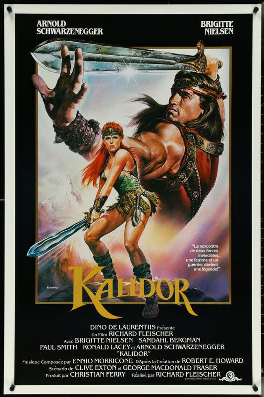 Original movie poster for Red Sonja (1985) featuring artwork with characters including Arnold Schwarzenegger and Brigitte Nielsen, in a vintage design for a French-speaking audience.