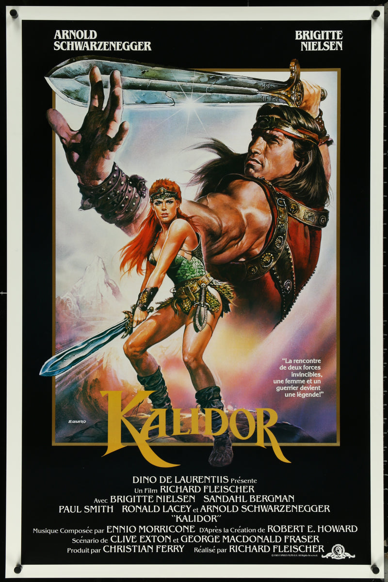 Original movie poster for Red Sonja (1985) featuring artwork with characters including Arnold Schwarzenegger and Brigitte Nielsen, in a vintage design for a French-speaking audience.