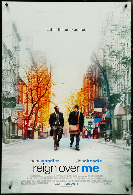 Original US one sheet movie poster for 'Reign Over Me' featuring two male characters prominently in the foreground with a cityscape background. The film stars Adam Sandler and Don Cheadle.
