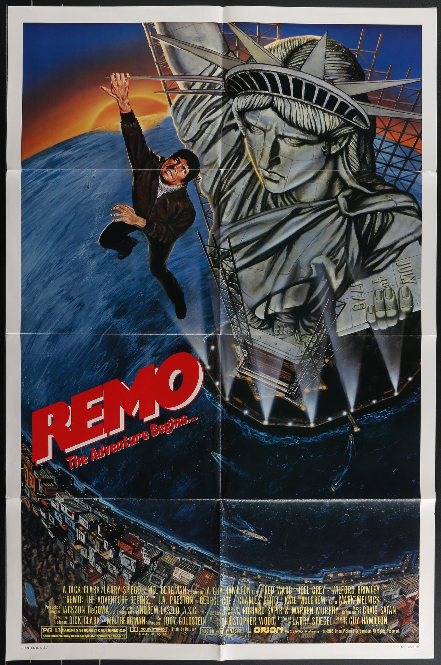 Movie poster for 'Remo: The Adventure Begins' featuring a person flying near the Statue of Liberty.