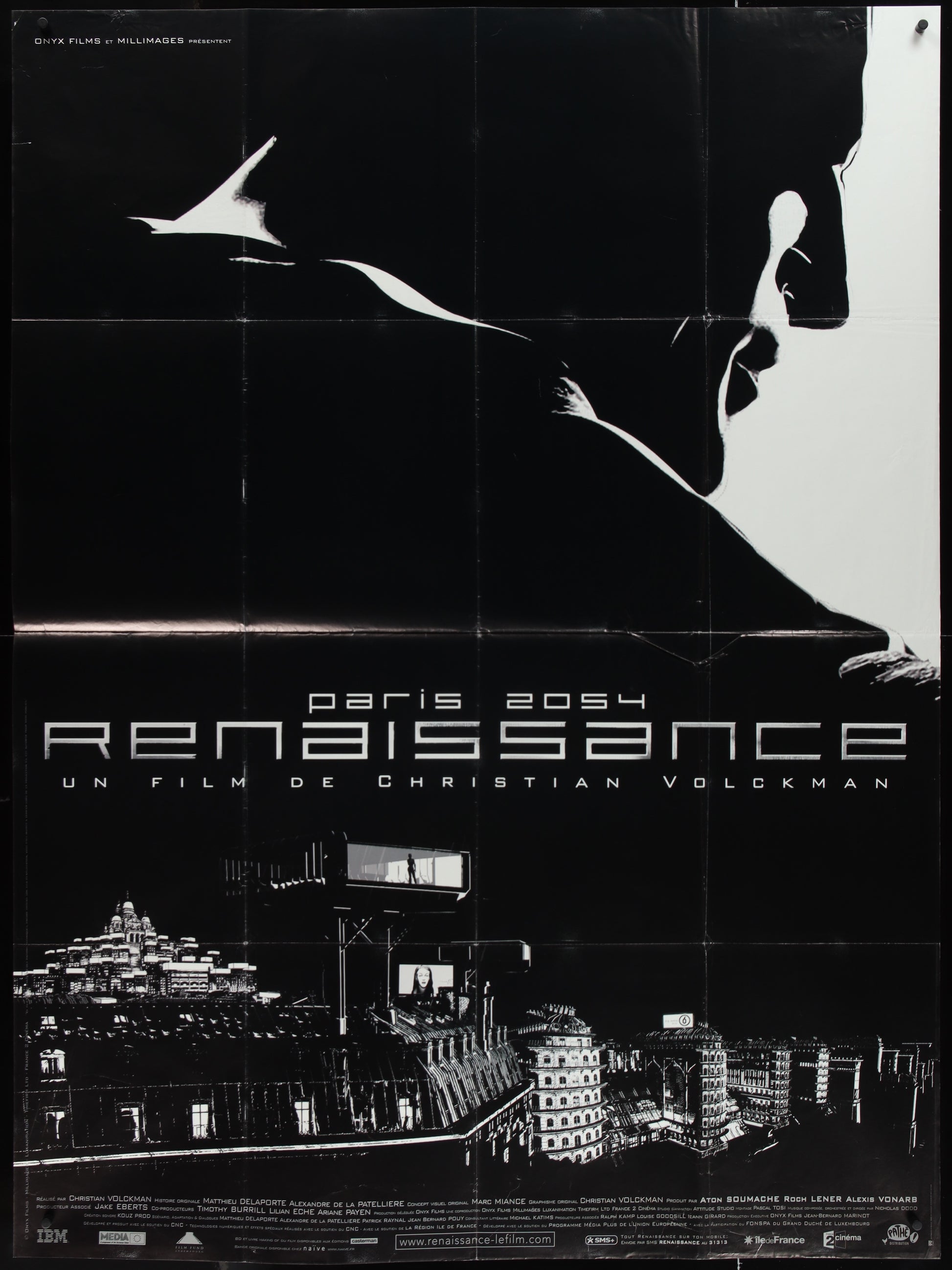 A black and white poster featuring a silhouette of a person with a cityscape in the background, indicating a science fiction theme, with text detailing the film title and cast.