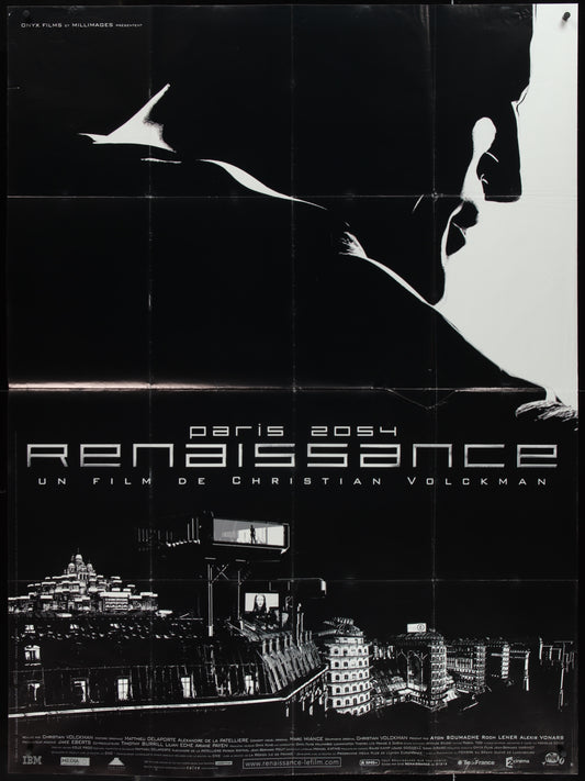 A black and white poster featuring a silhouette of a person with a cityscape in the background, indicating a science fiction theme, with text detailing the film title and cast.