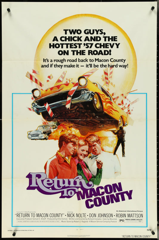 Vintage style movie poster for 'Return to Macon County' featuring a yellow car on the road with three people in the foreground.