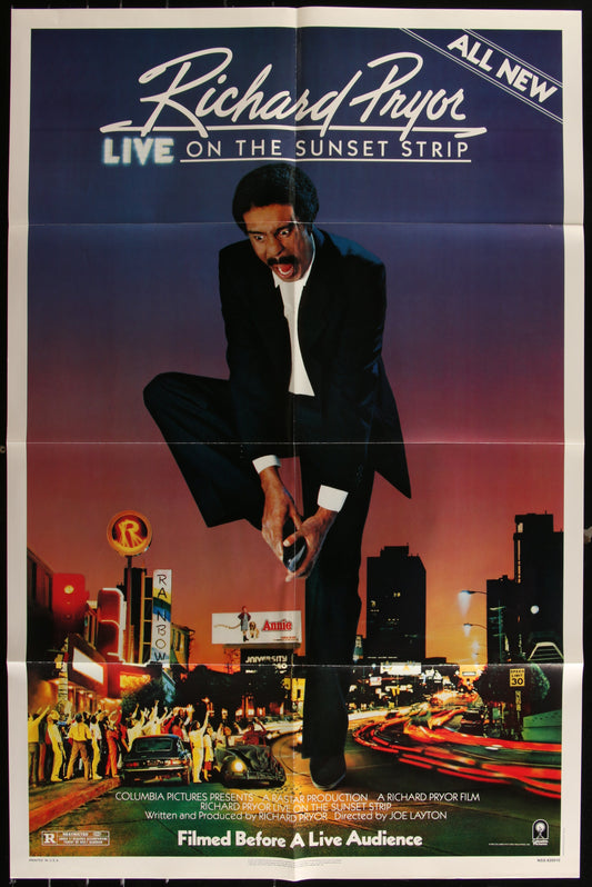 Vintage movie poster for 'Richard Pryor Live On The Sunset Strip' featuring an image of Richard Pryor in a city setting at dusk, with a sign for 'Sunset Strip' in the background.