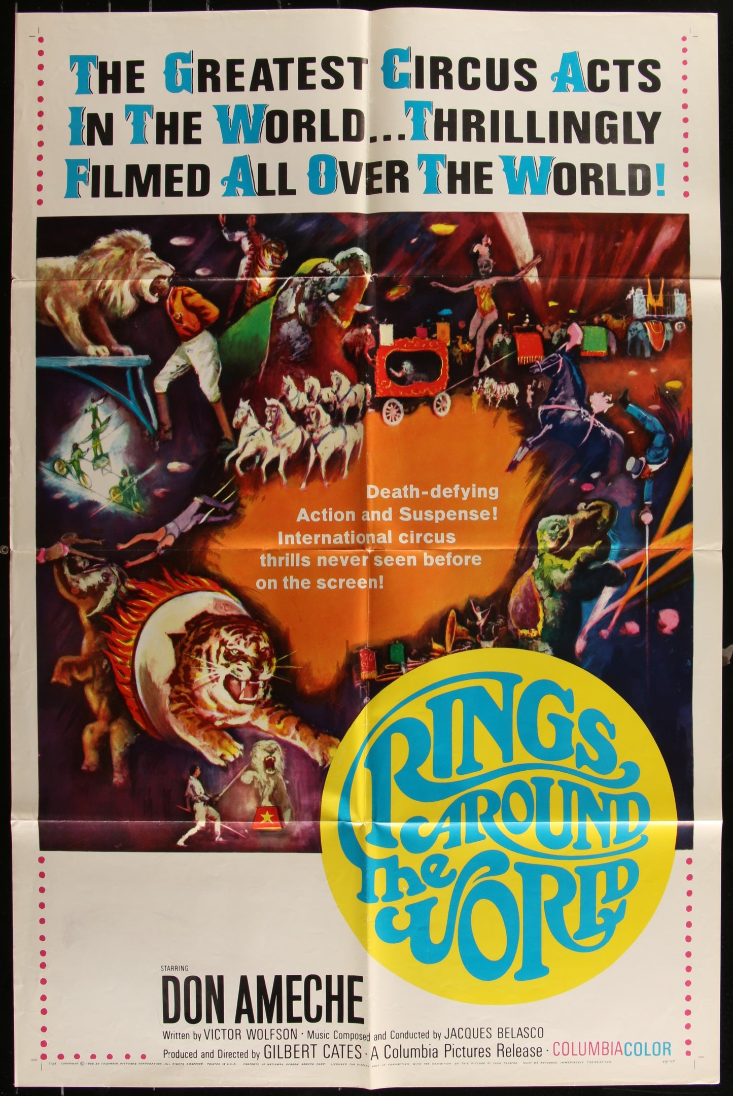 Vintage style movie poster for 'Rings Around The World' featuring a collage of circus images, with a tiger and a train, against a vibrant multicolored background.