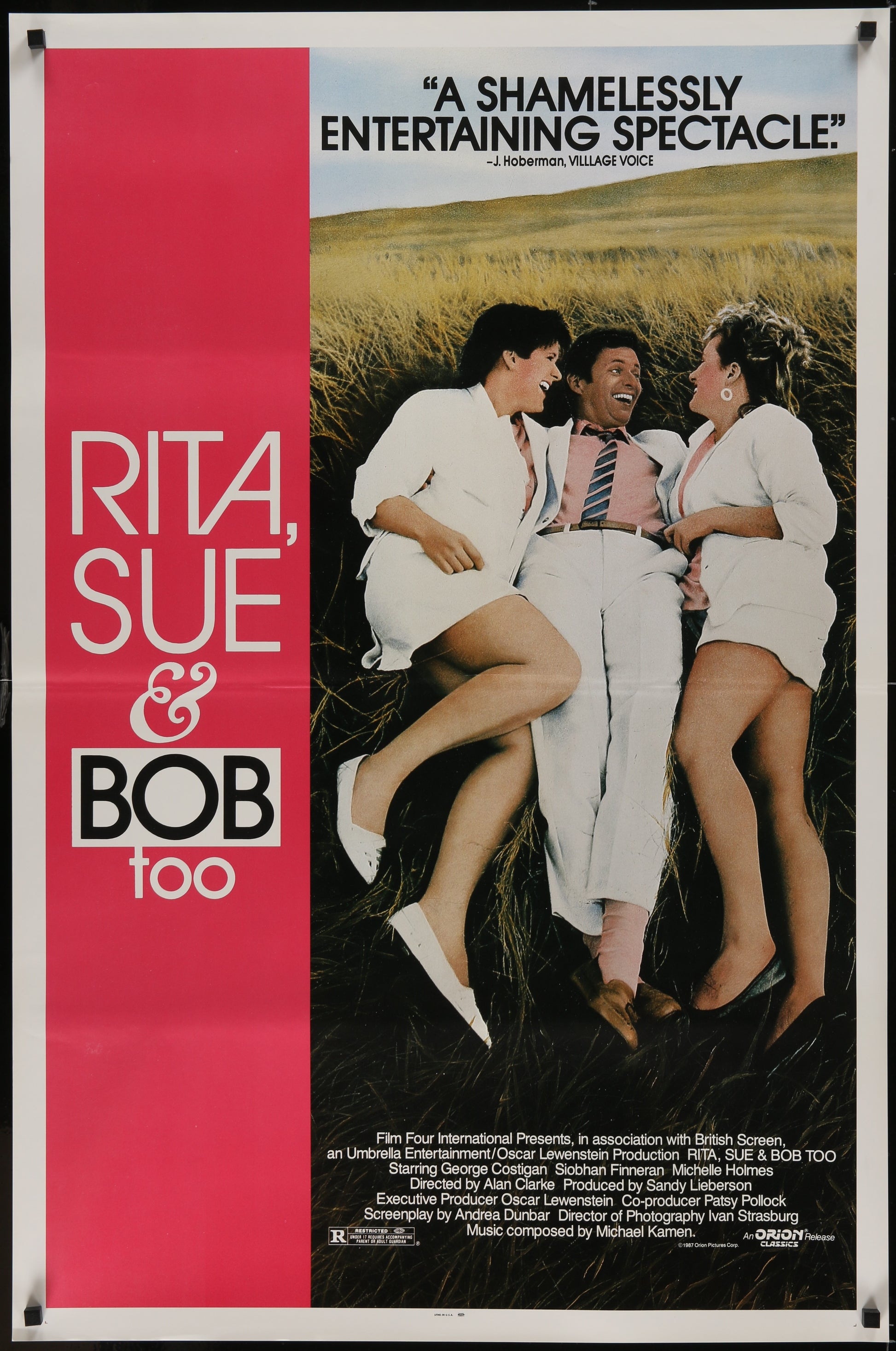 Movie poster for 'Rita, Sue & Bob Too' with a red vertical section and image of three people in a field.
