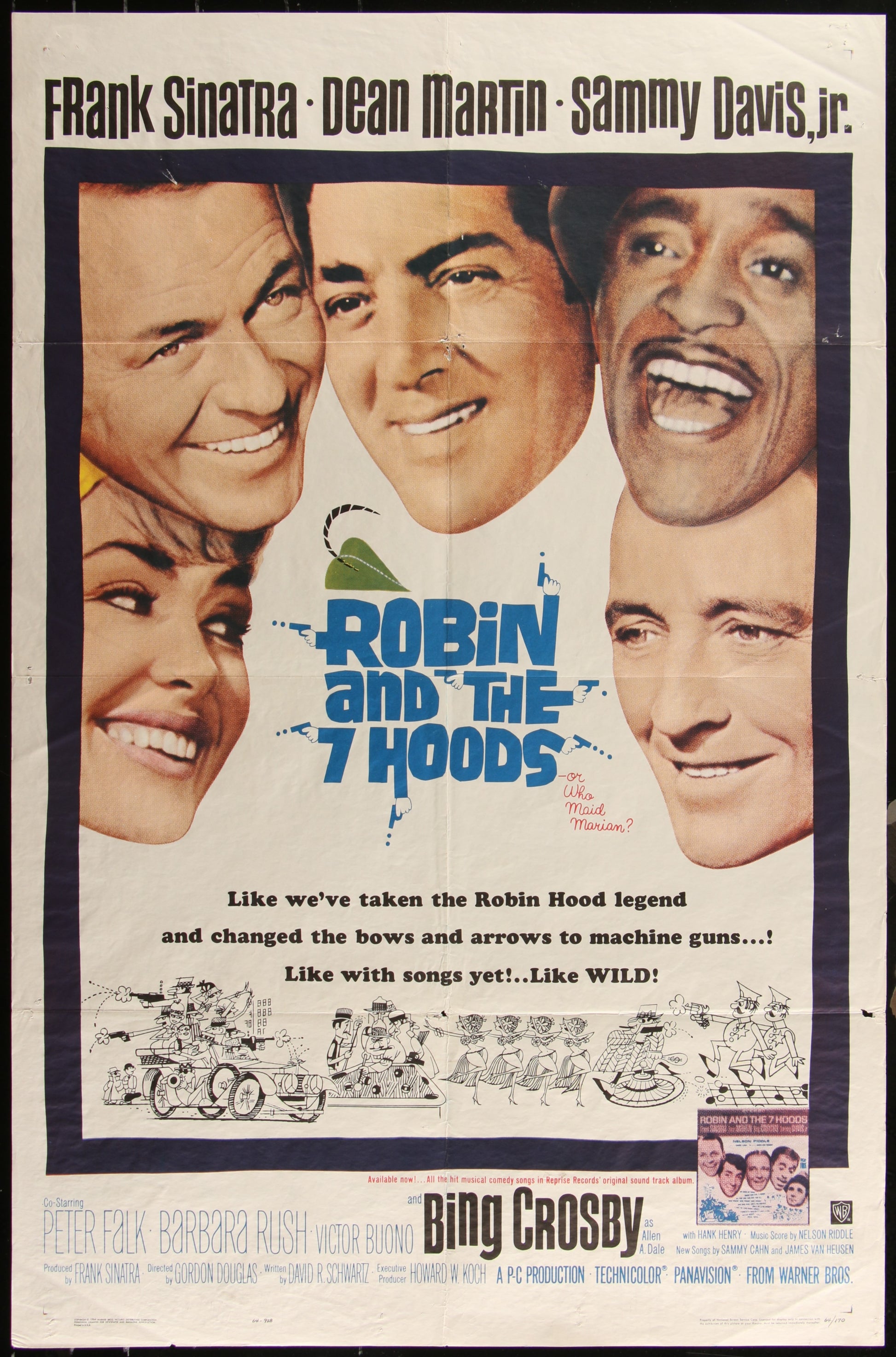 Vintage US one-sheet movie poster for 'Robin and the Seven Hoods' featuring portraits of Frank Sinatra, Dean Martin, Sammy Davis Jr., Peter Falk, and Bing Crosby with the movie title and a caption at the bottom.