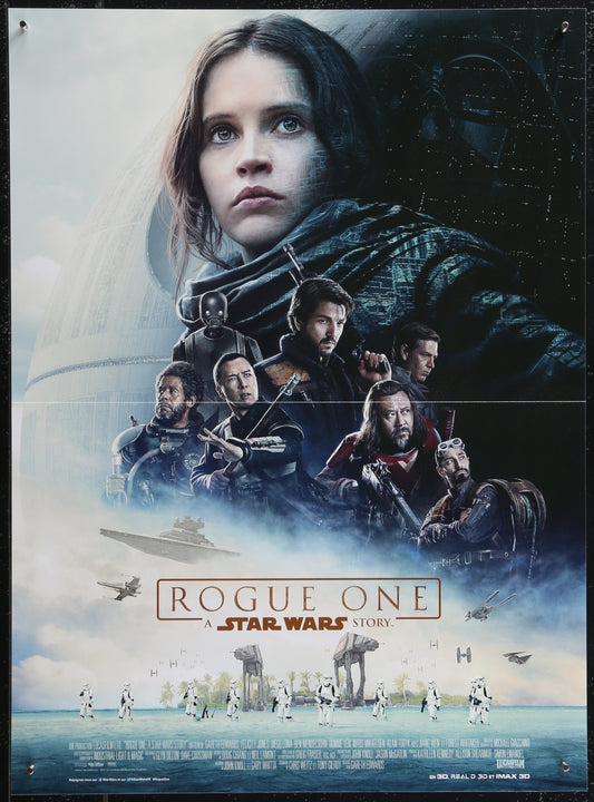 Movie poster for 'Rogue One: A Star Wars Story' featuring characters and spacecraft.