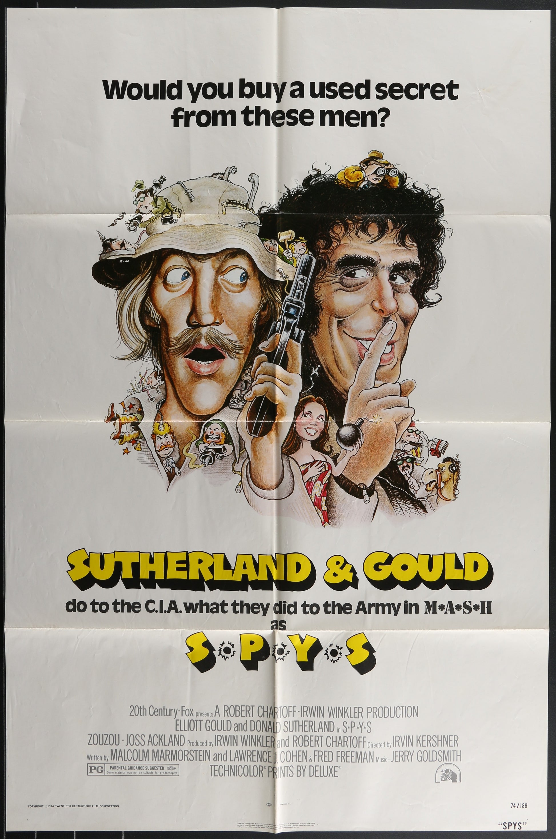 Movie poster for 'Spies' featuring two men with a gun and a woman, with text asking if you would buy a used secret.