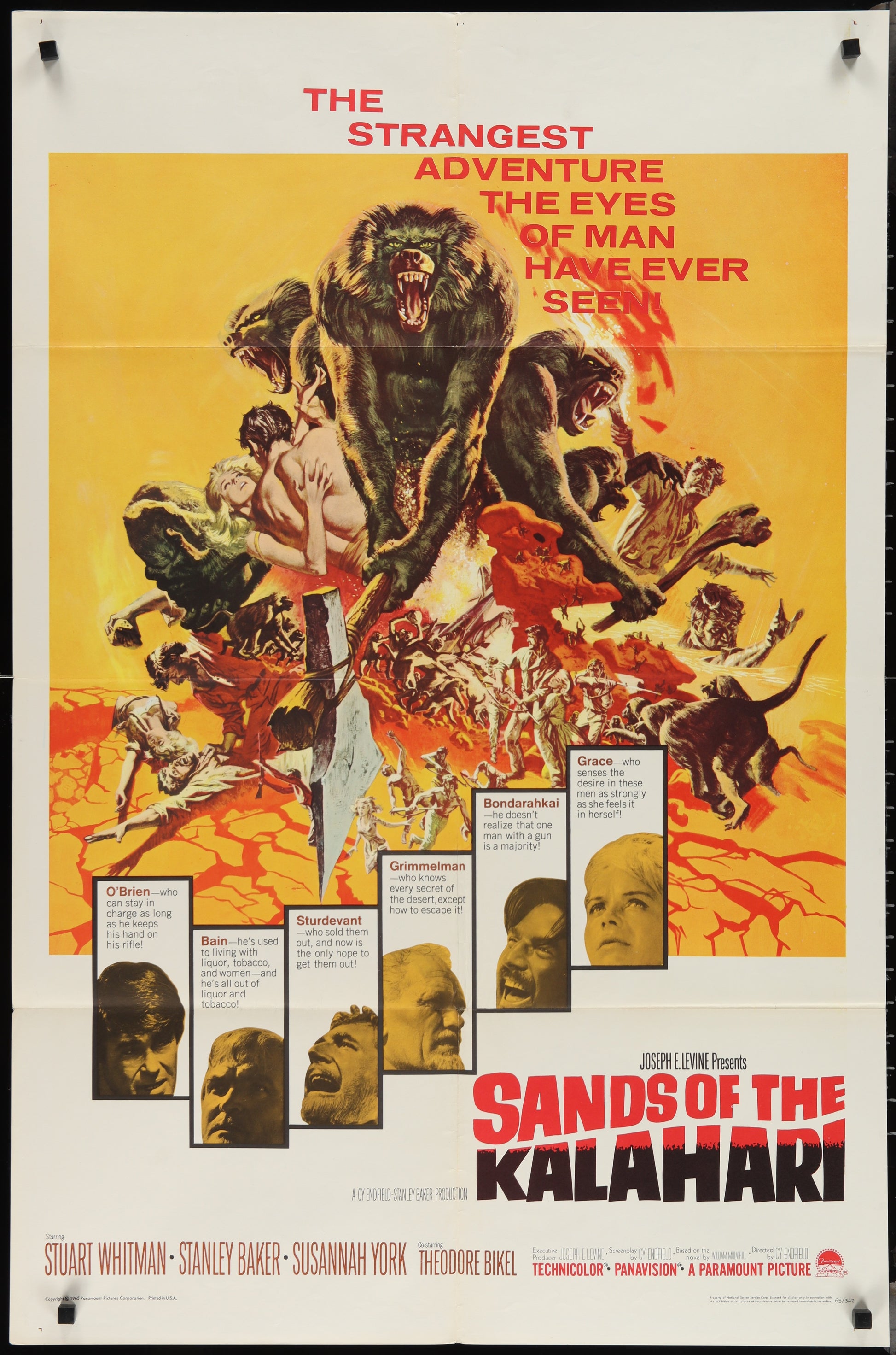 Vintage one-sheet movie poster for 'Sands of the Kalahari' featuring a collage of images including a monster, people in peril, and the main actors.