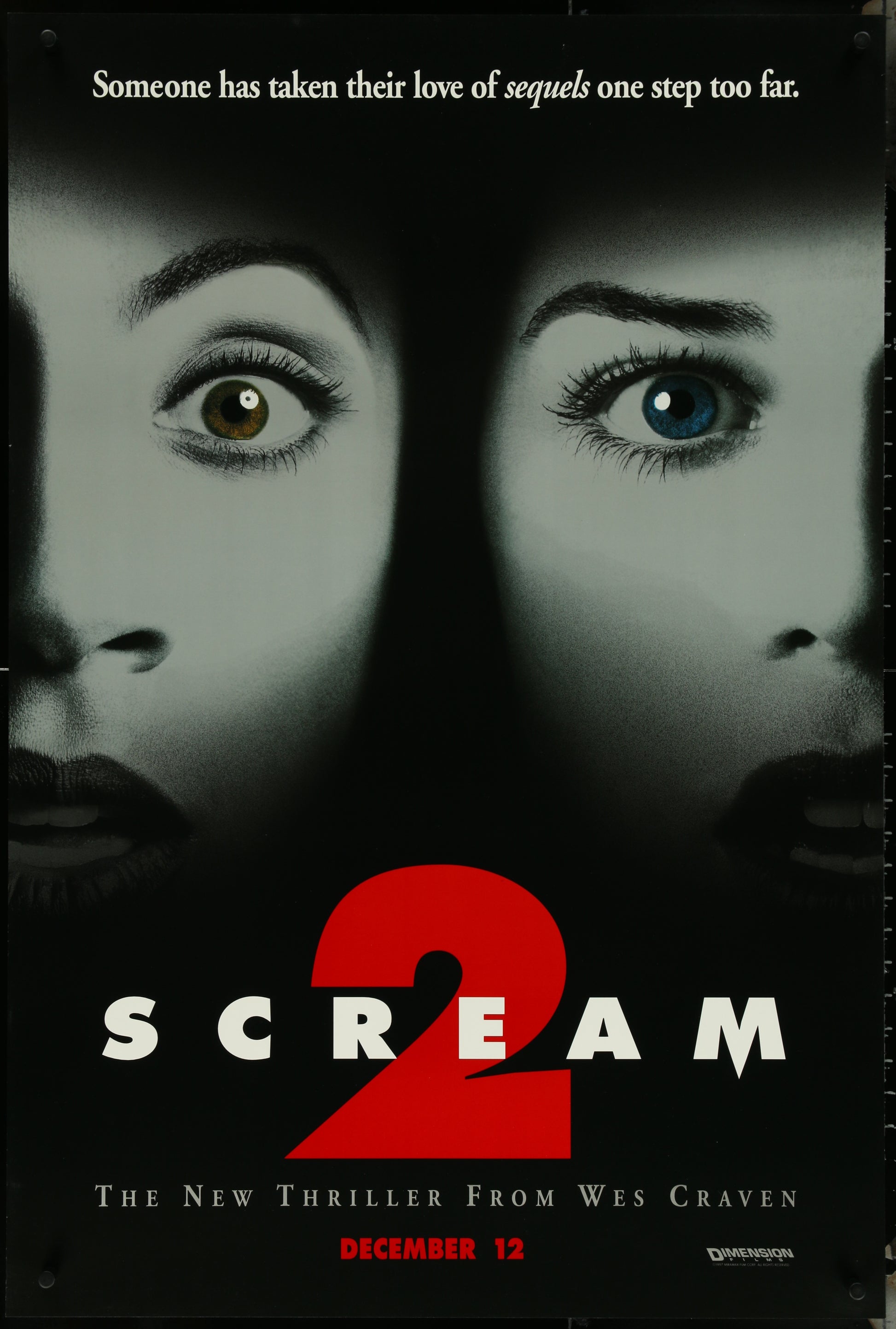 One-sheet movie poster for the film 'Scream 2' featuring images of the actors David Arquette, Neve Campbell, and Courteney Cox with the title prominently displayed.