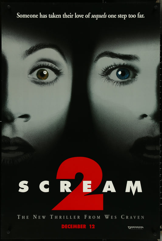 One-sheet movie poster for the film 'Scream 2' featuring images of the actors David Arquette, Neve Campbell, and Courteney Cox with the title prominently displayed.