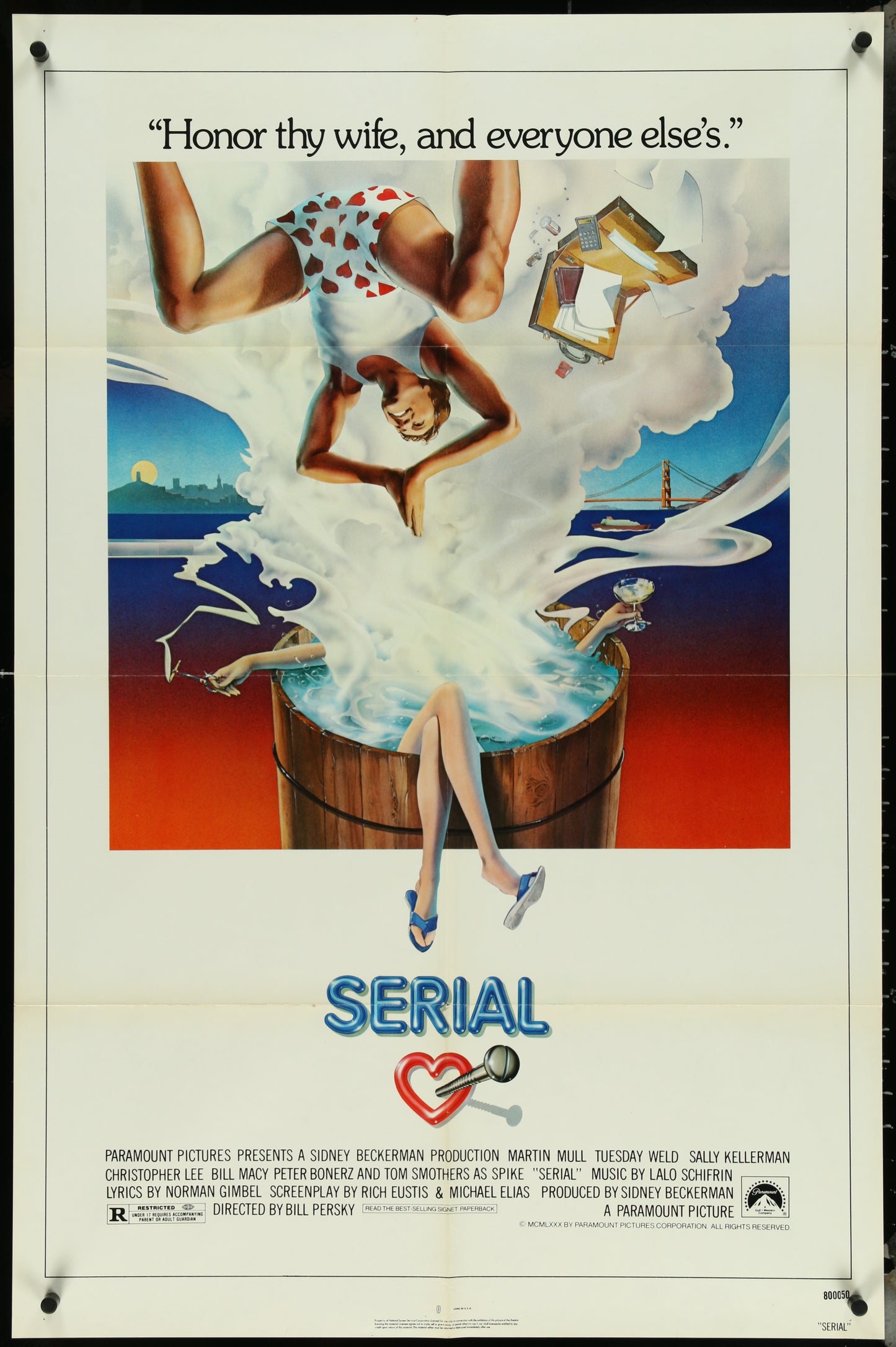 An original US one-sheet movie poster for the film 'Serial' featuring an illustration of a woman in a dress sitting next to a man in a suit, with a title at the bottom.