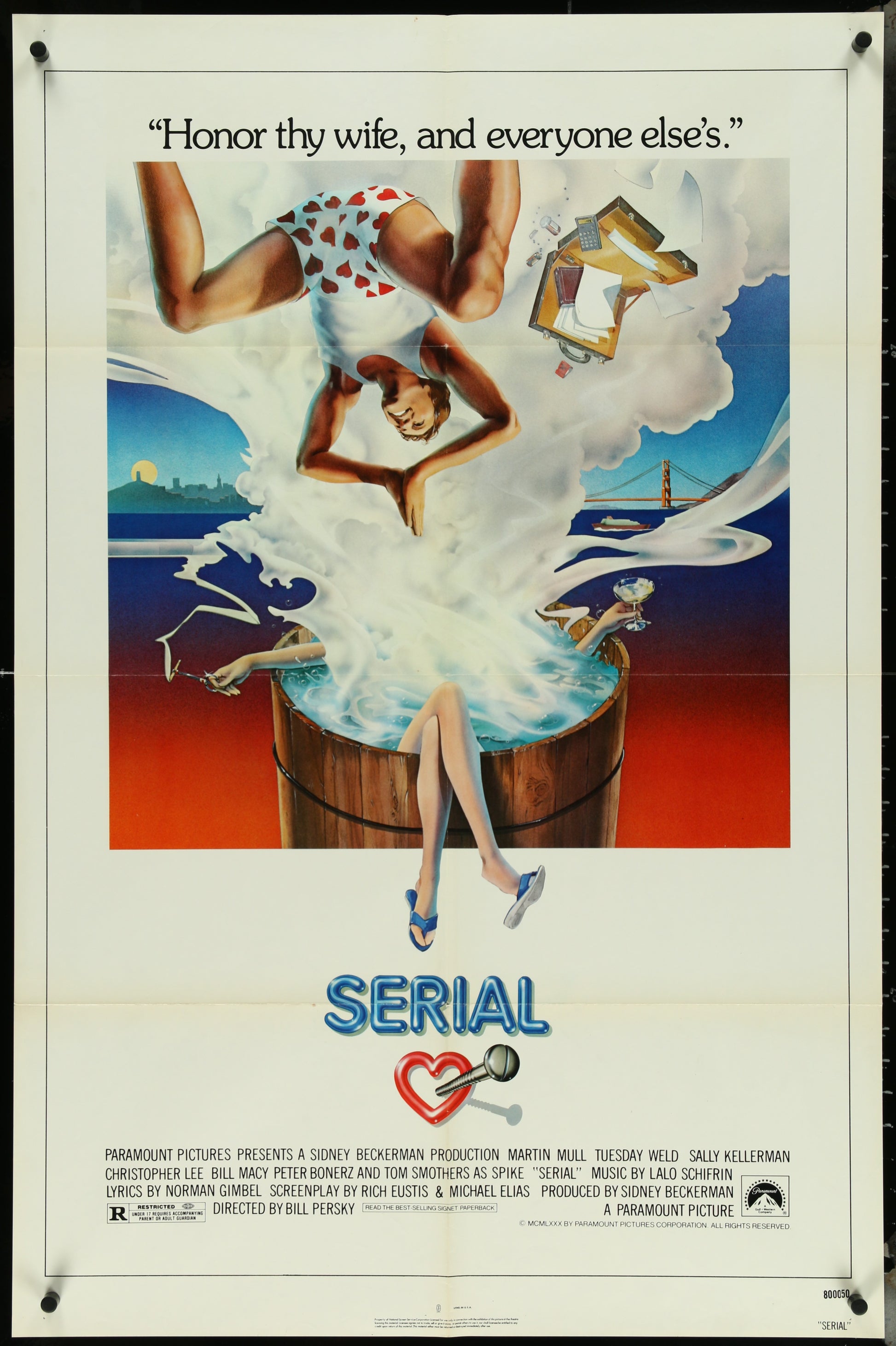 An original US one-sheet movie poster for the film 'Serial' featuring an illustration of a woman in a dress sitting next to a man in a suit, with a title at the bottom.