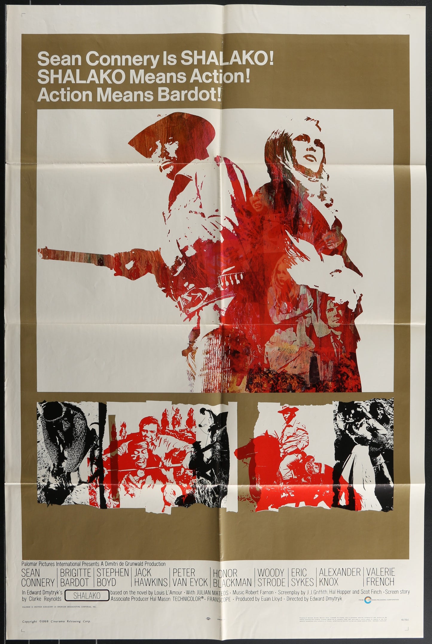 Original US one sheet movie poster for Shalako (1968) featuring Sean Connery and Brigitte Bardot with a western theme.