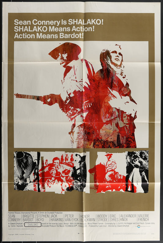 Original US one sheet movie poster for Shalako (1968) featuring Sean Connery and Brigitte Bardot with a western theme.