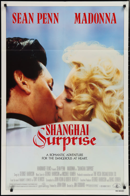 Original US one-sheet movie poster for the 1986 film 'Shanghai Surprise' featuring Madonna and Sean Penn, showing the actors in a romantic pose.