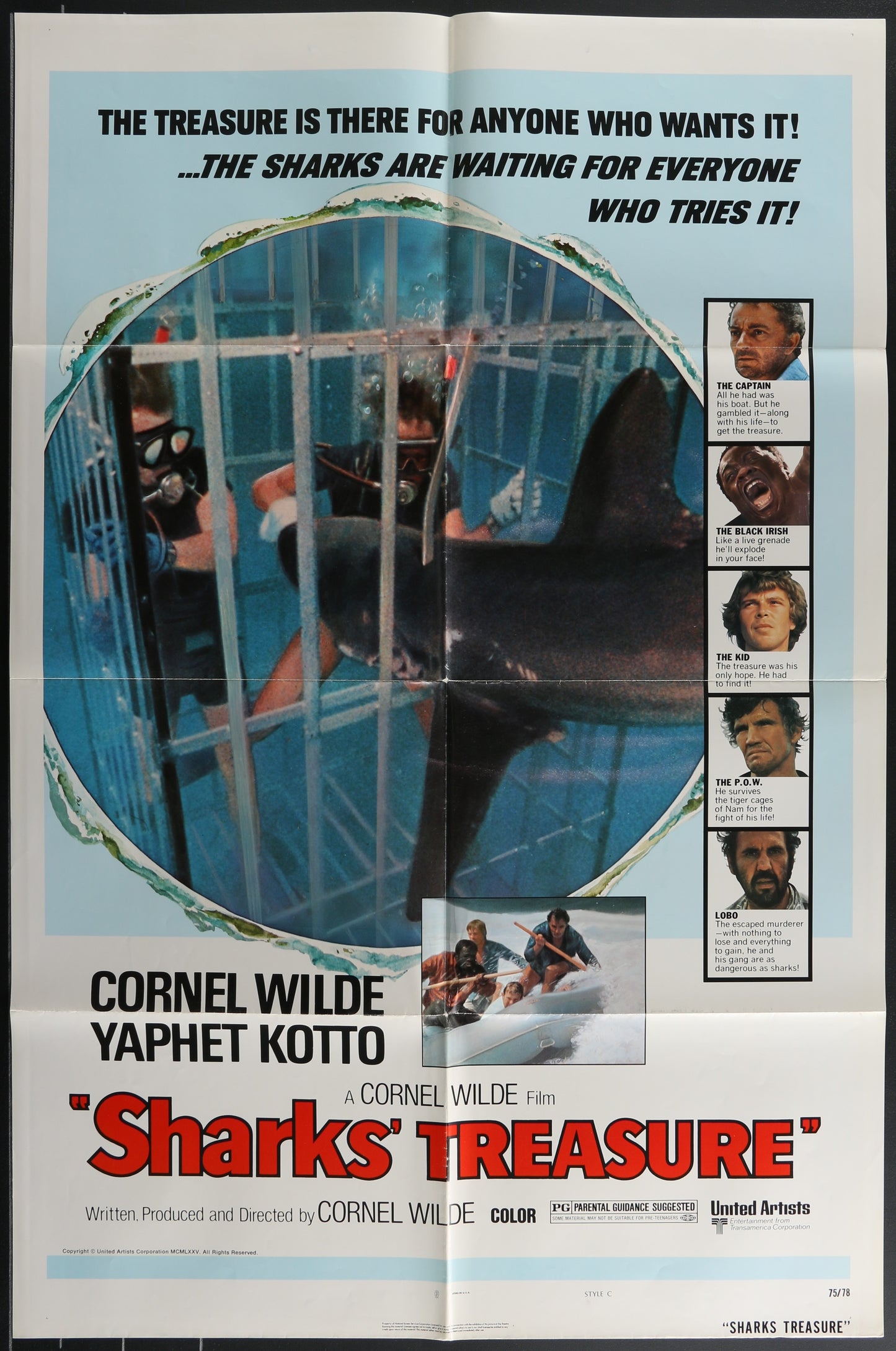 Vintage style movie poster featuring underwater scene with a person in a diving suit and a shark in the foreground, with the text 'SHARK'S TREASURE' at the bottom.