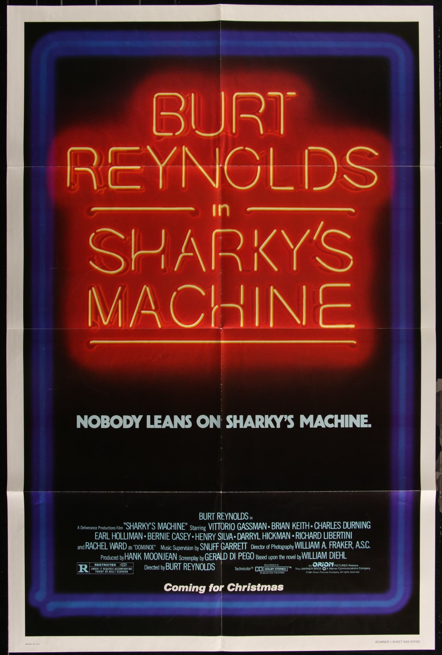 Original one-sheet movie poster for the film 'Sharky's Machine' featuring text and a dark background with a neon sign style title.