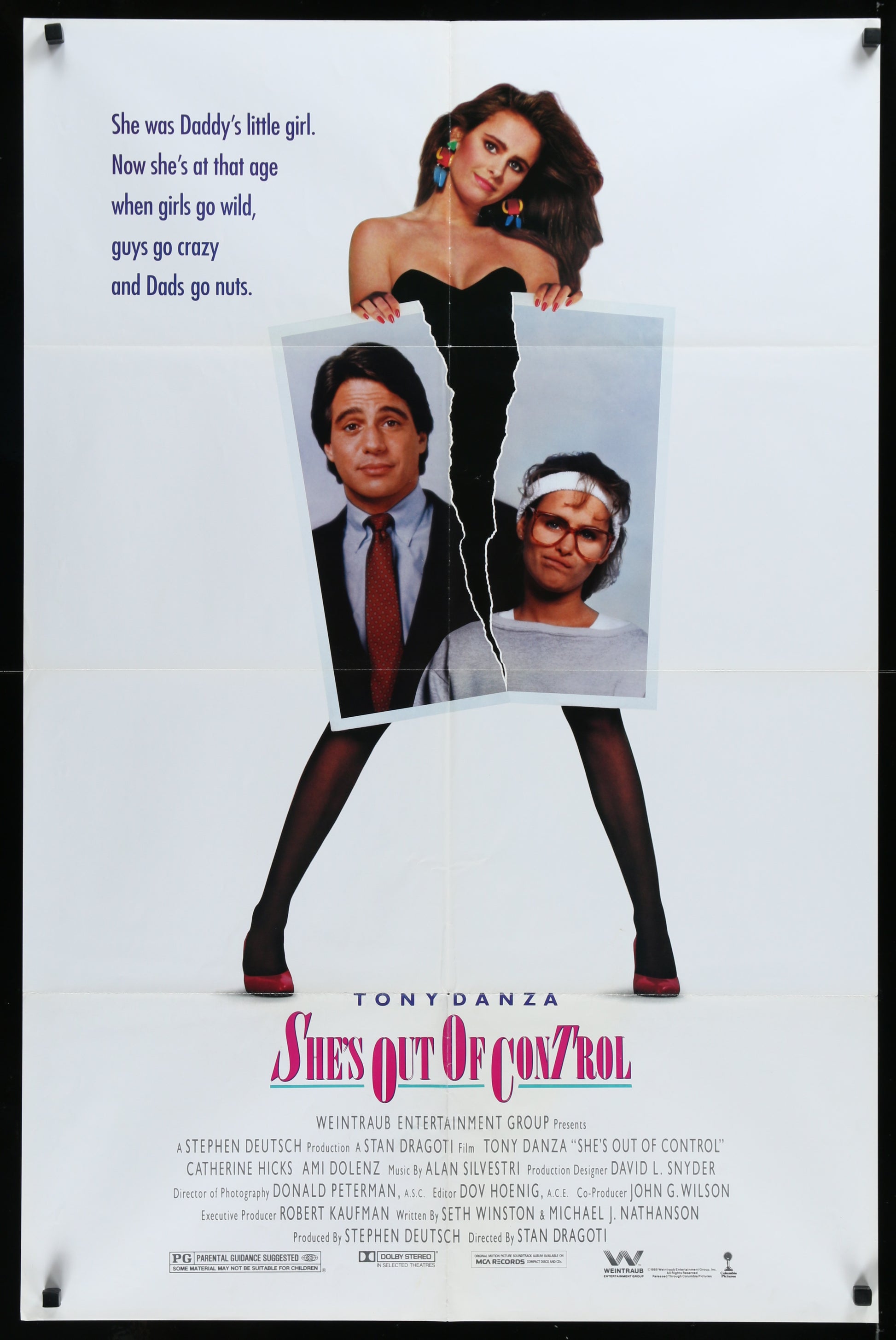 Vintage movie poster for 'She's Out Of Control' featuring a split image of the main characters with a black and white background.