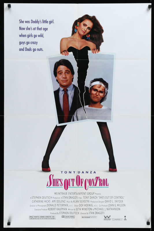 Vintage movie poster for 'She's Out Of Control' featuring a split image of the main characters with a black and white background.