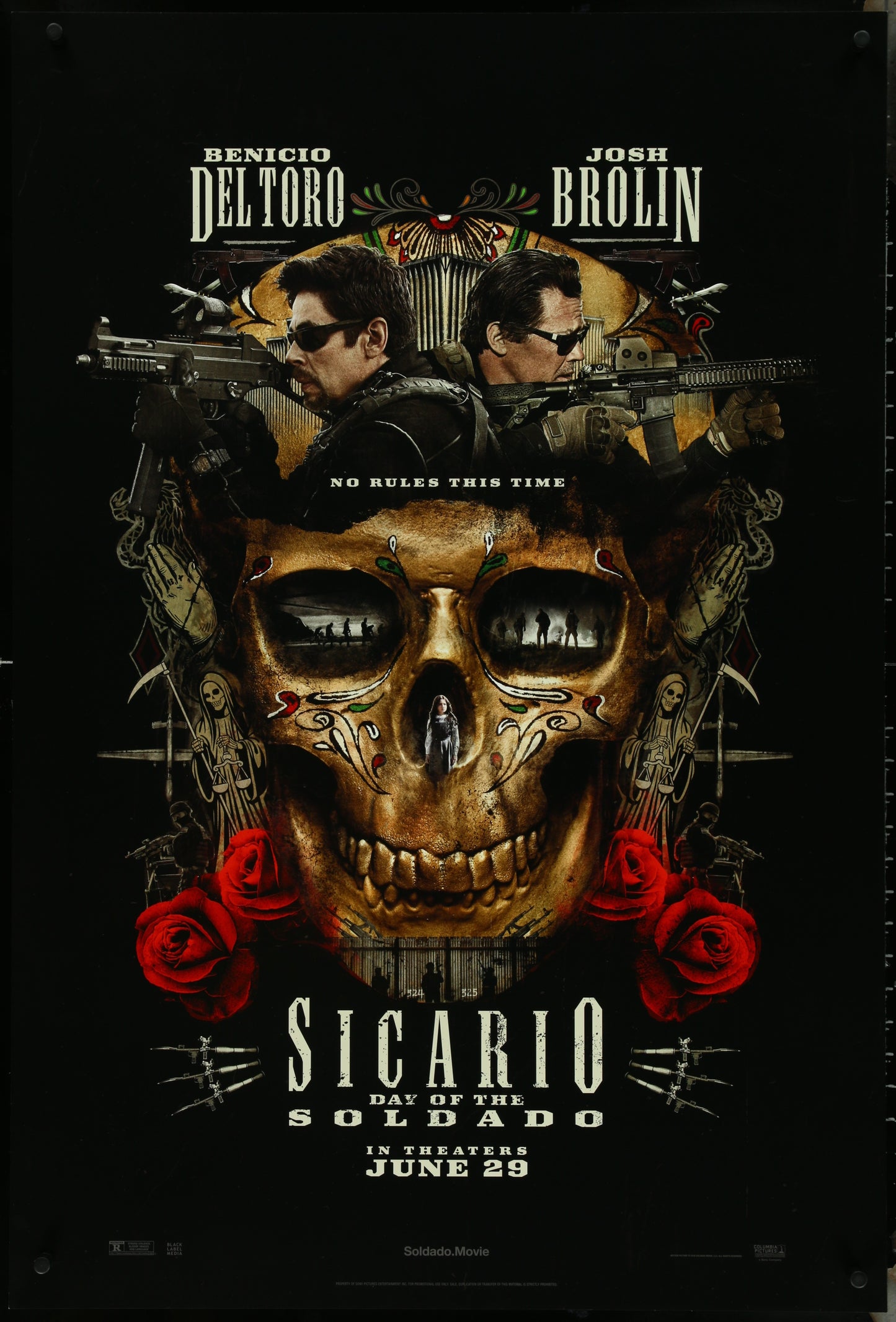 Movie poster for 'Sicario: Day of the Soldado' featuring a skull, roses, and two faces with weapons.