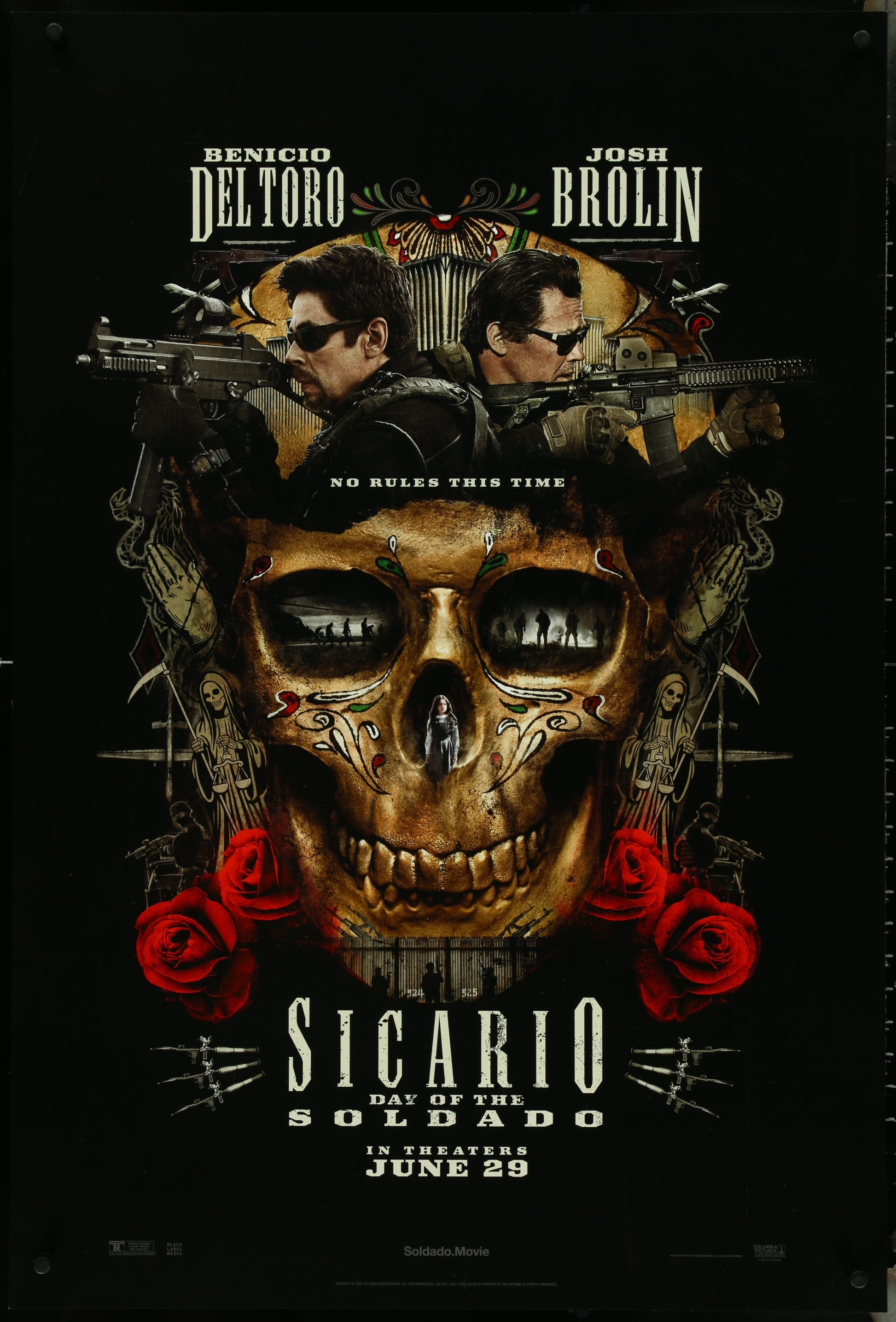 Movie poster for 'Sicario: Day of the Soldado' featuring a skull, roses, and two faces with weapons.