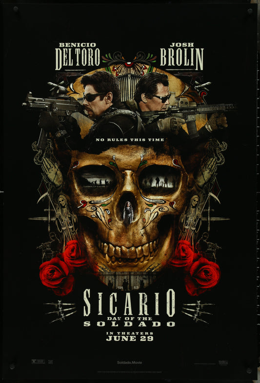 Movie poster for 'Sicario: Day of the Soldado' featuring a skull, roses, and two faces with weapons.