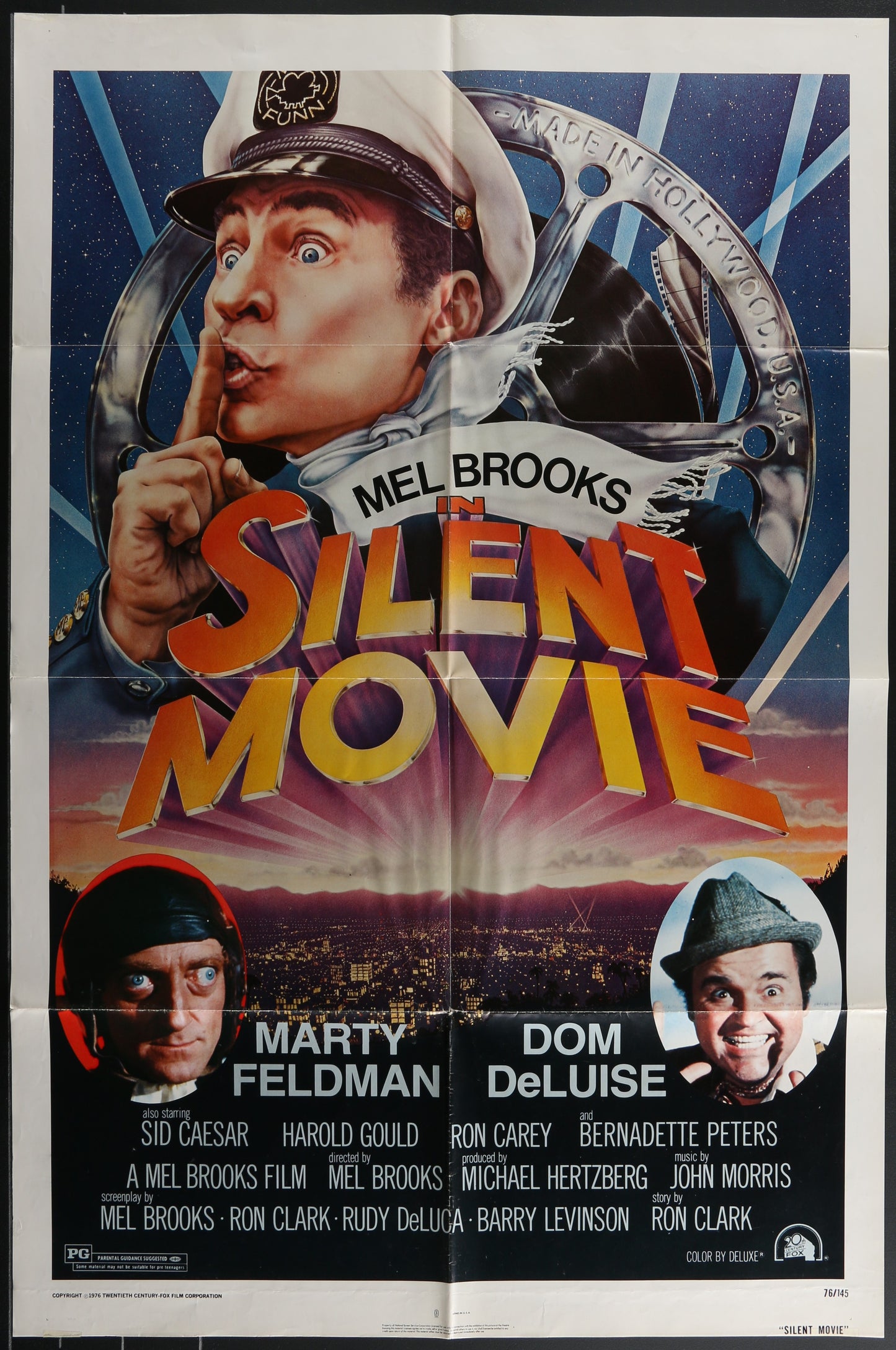Movie poster for 'Silent Movie' featuring a character in a police uniform and three other actors' faces.