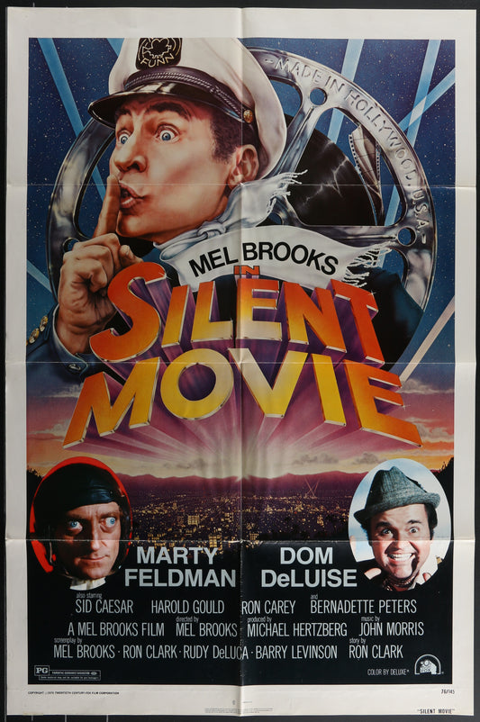 Movie poster for 'Silent Movie' featuring a character in a police uniform and three other actors' faces.