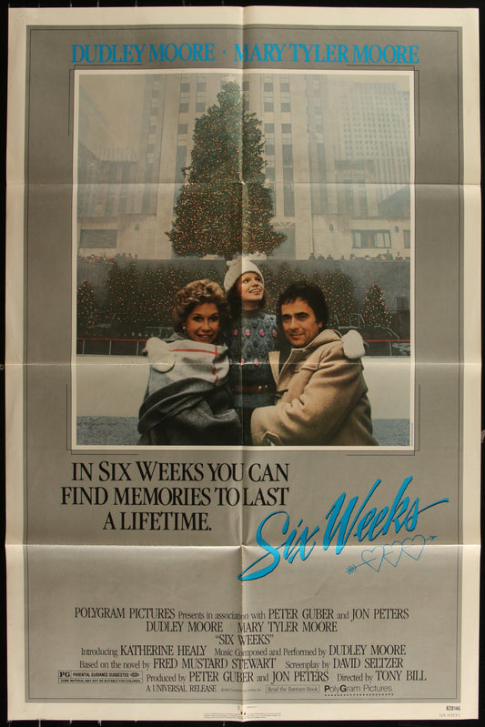 Vintage movie poster for 'Six Weeks' featuring three people standing in front of a Christmas tree, with the date '1982' visible at the bottom.