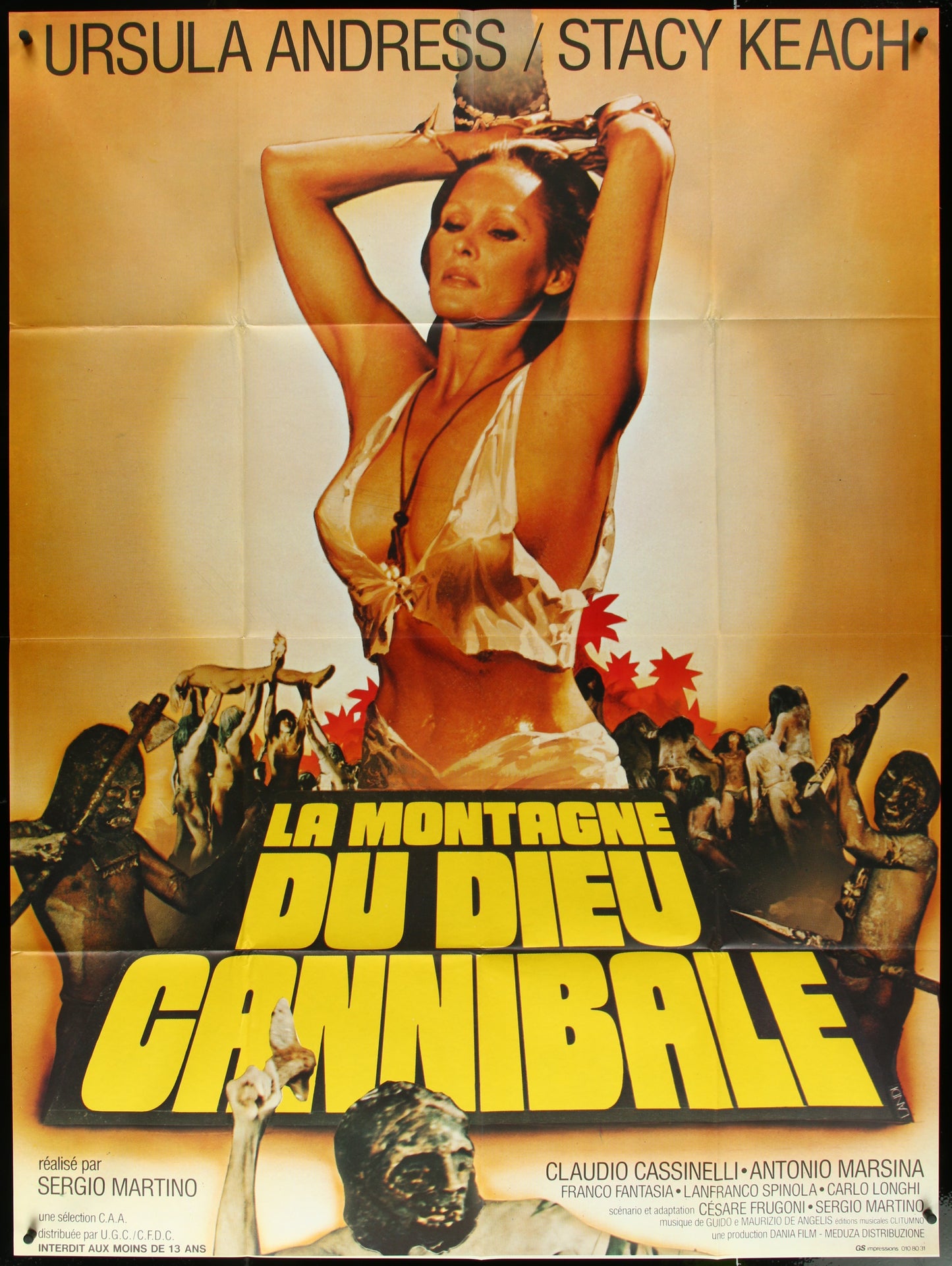A vintage French one-panel movie poster for 'Slave of the Cannibal God' featuring images related to the movie's plot and actors.