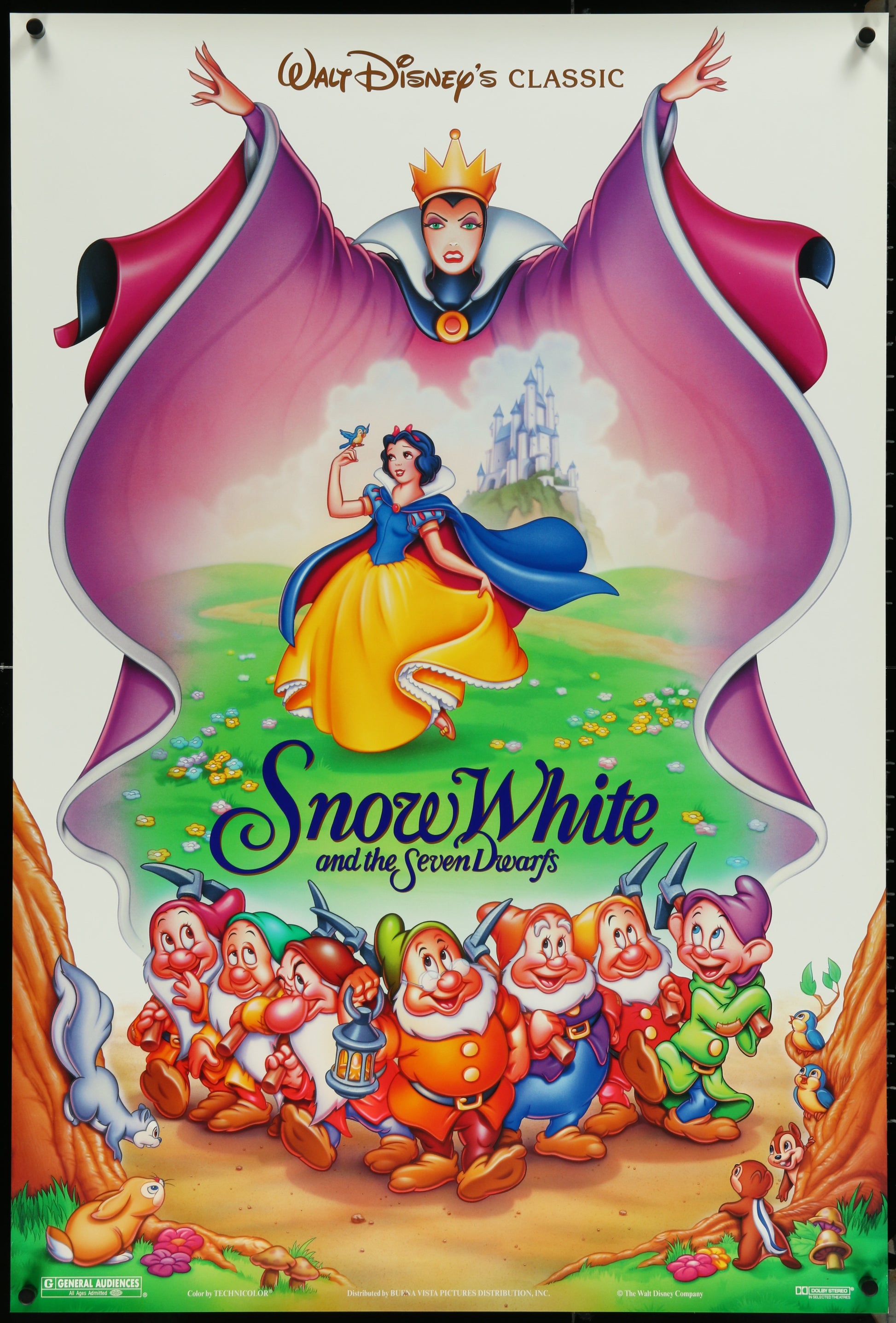 A vintage style movie poster for 'Snow White and the Seven Dwarfs' featuring animated characters Snow White and the dwarfs in a forest setting. The poster has a vibrant color palette and is labeled as part of the 'Disney's Classic' series.