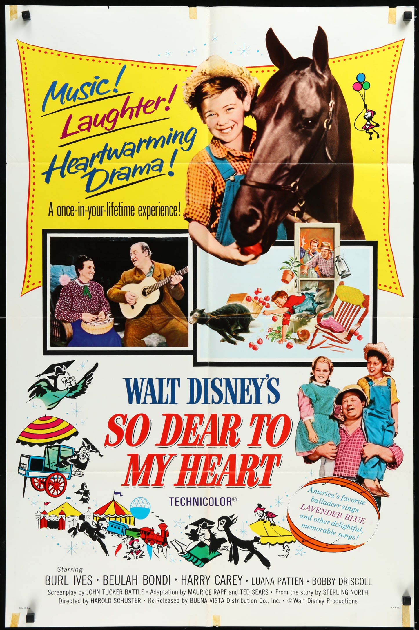 Vintage style movie poster for 'So Dear To My Heart' featuring an image of Burl Ives and Beulah Bondi with a horse in the background, along with other vibrant elements of the film's setting and characters.