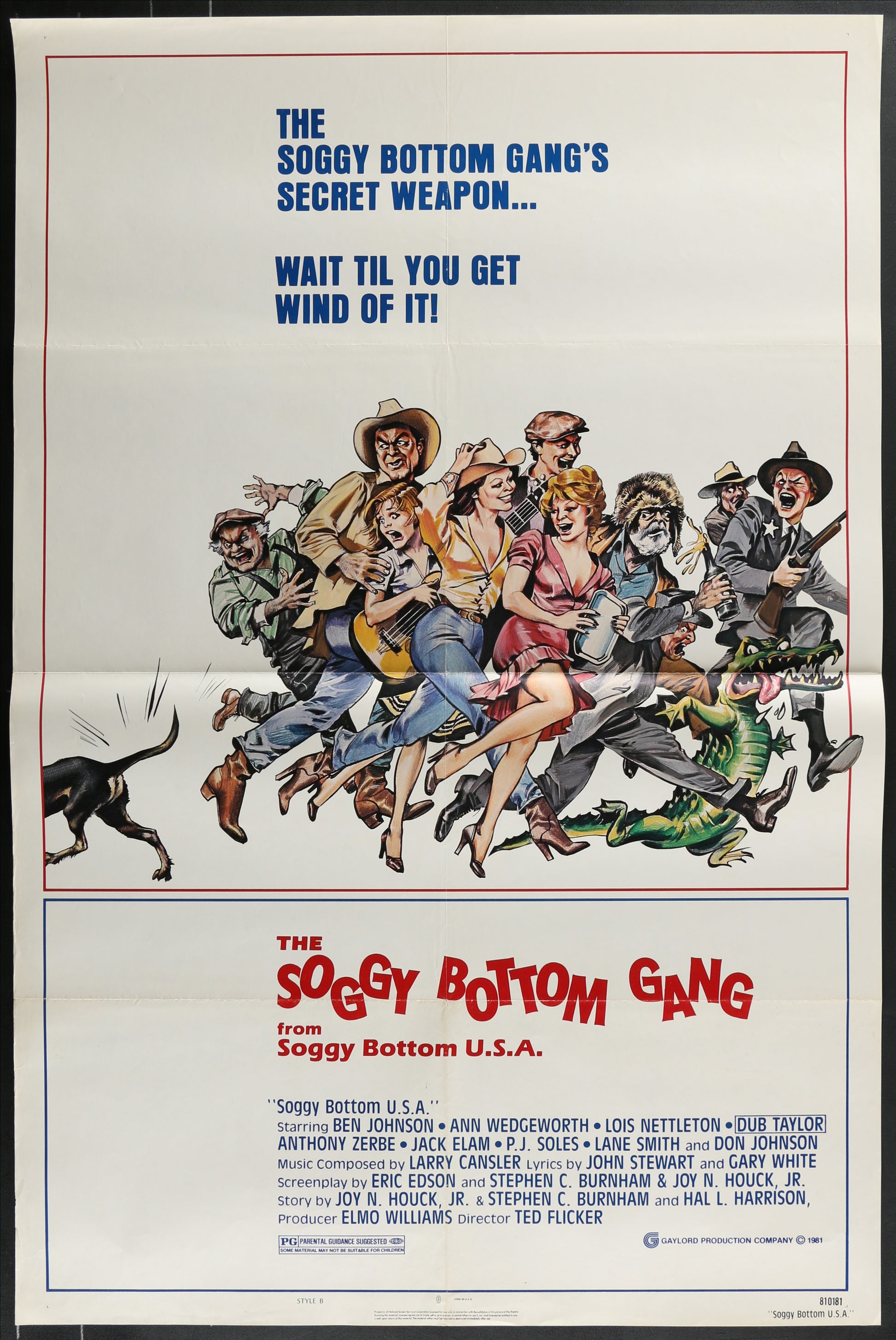 Vintage movie poster for 'The Soggy Bottom Gang' featuring a group of people and a dog.