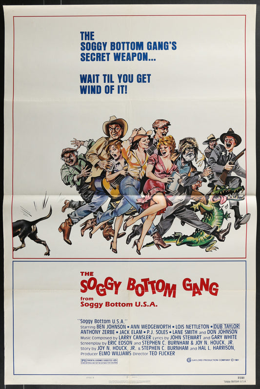 Vintage movie poster for 'The Soggy Bottom Gang' featuring a group of people and a dog.